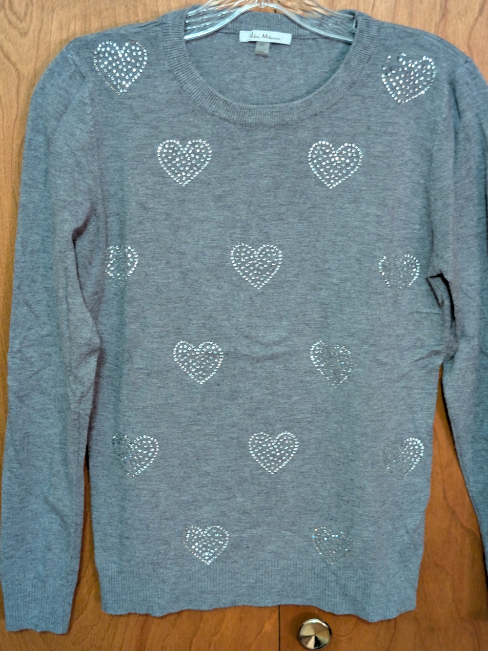 Ladies' Gray Heart Embellished Crewneck Sweater